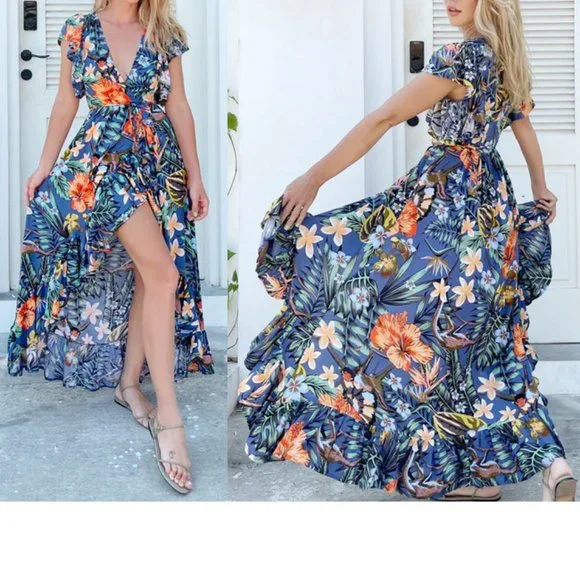 Bali Elf "Carmen" Wrap Dress Maxi Tropical Monkey Floral Print Blue Size XL New - Picture 2 of 7